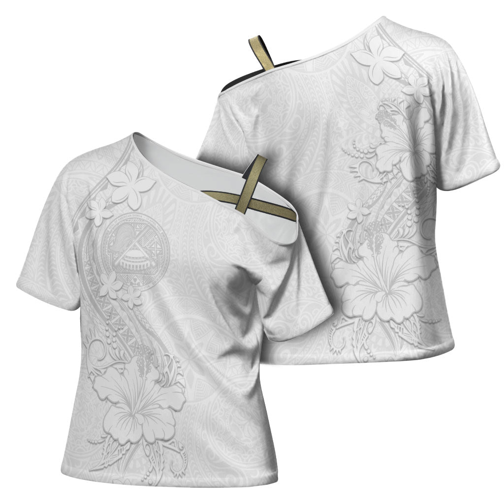 American Samoa White Sunday Cross Shoulder Shirt Polynesian Pattern With Tropical Flowers LT05 - Polynesian Pride