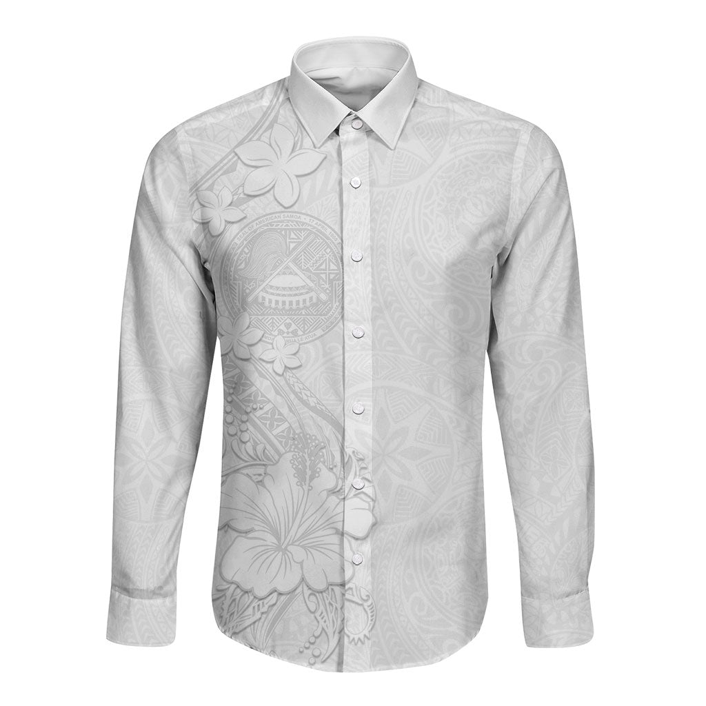 American Samoa White Sunday Long Sleeve Button Shirt Polynesian Pattern With Tropical Flowers