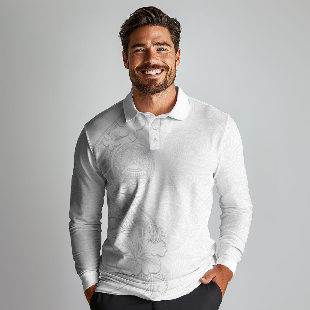 American Samoa White Sunday Long Sleeve Polo Shirt Polynesian Pattern With Tropical Flowers
