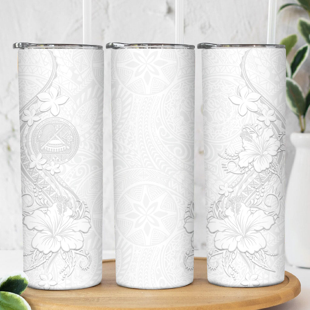 American Samoa White Sunday Skinny Tumbler Polynesian Pattern With Tropical Flowers LT05 - Polynesian Pride