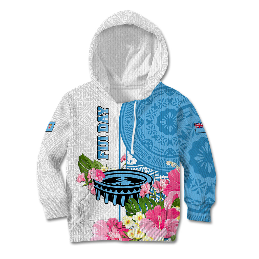 Fiji Day Kid Hoodie Tanoa Hibiscus Fijian Tapa Masi Pattern LT05 White - Polynesian Pride