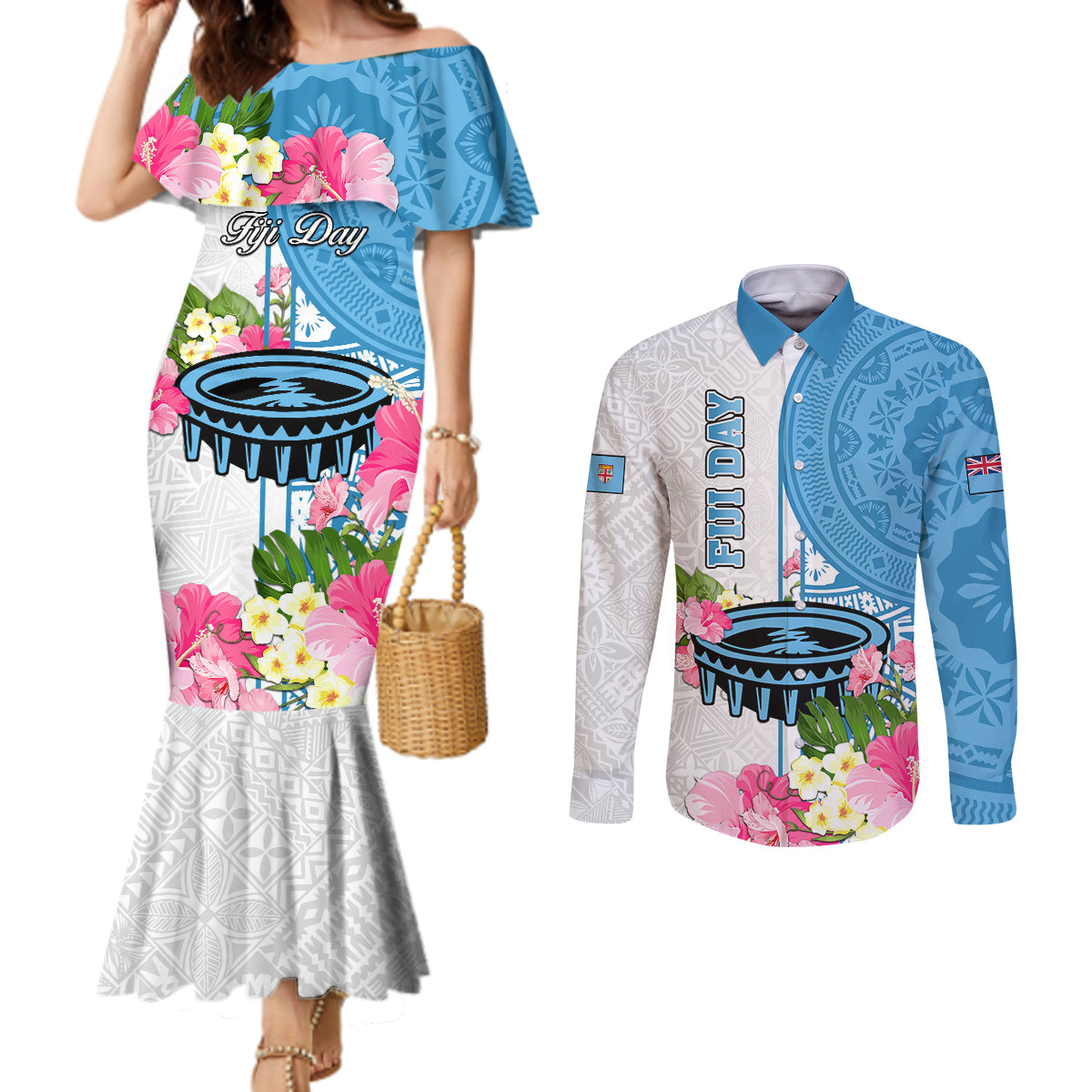 personalized-fiji-day-couples-matching-mermaid-dress-and-long-sleeve-button-shirts-tanoa-hibiscus-fijian-tapa-masi-pattern