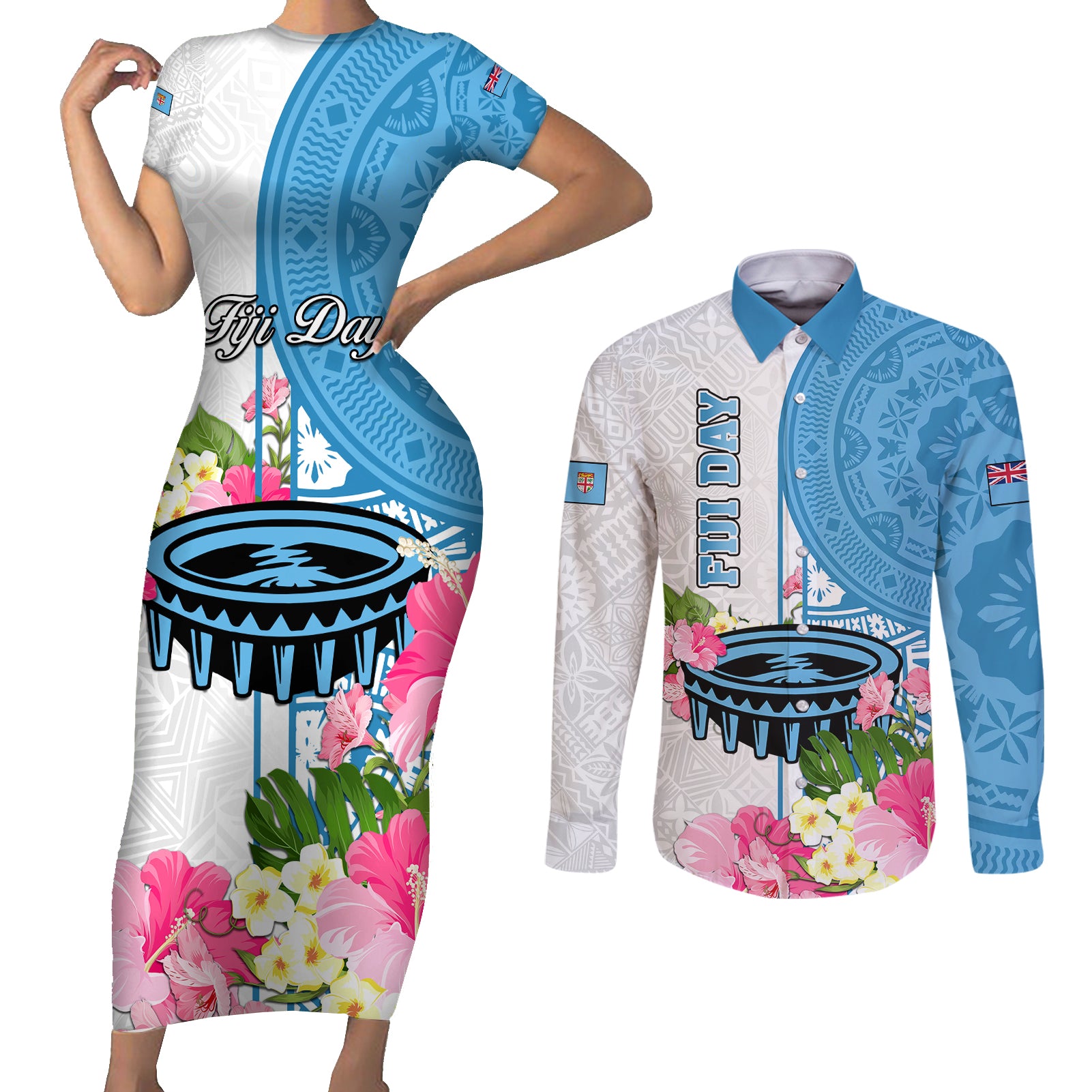personalized-fiji-day-couples-matching-short-sleeve-bodycon-dress-and-long-sleeve-button-shirts-tanoa-hibiscus-fijian-tapa-masi-pattern