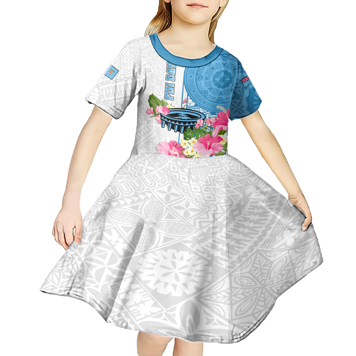 personalized-fiji-day-kid-short-sleeve-dress-tanoa-hibiscus-fijian-tapa-masi-pattern
