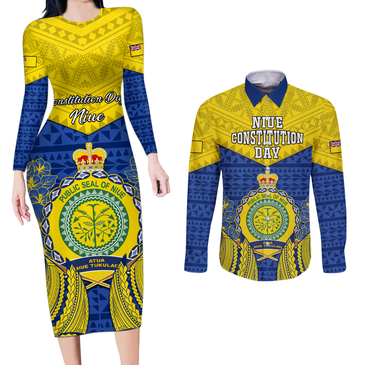 Niue Constitution Day Couples Matching Long Sleeve Bodycon Dress and Long Sleeve Button Shirts Coat Of Arms Niuean Hiapo Pattern LT05 Yellow - Polynesian Pride