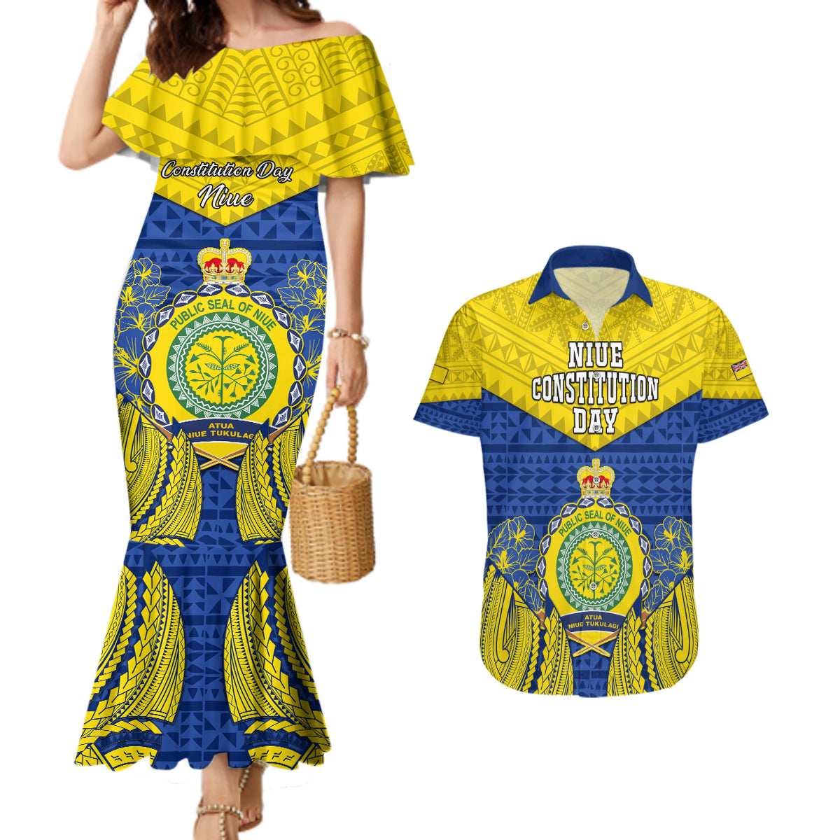 niue-constitution-day-couples-matching-mermaid-dress-and-hawaiian-shirt-coat-of-arms-niuean-hiapo-pattern