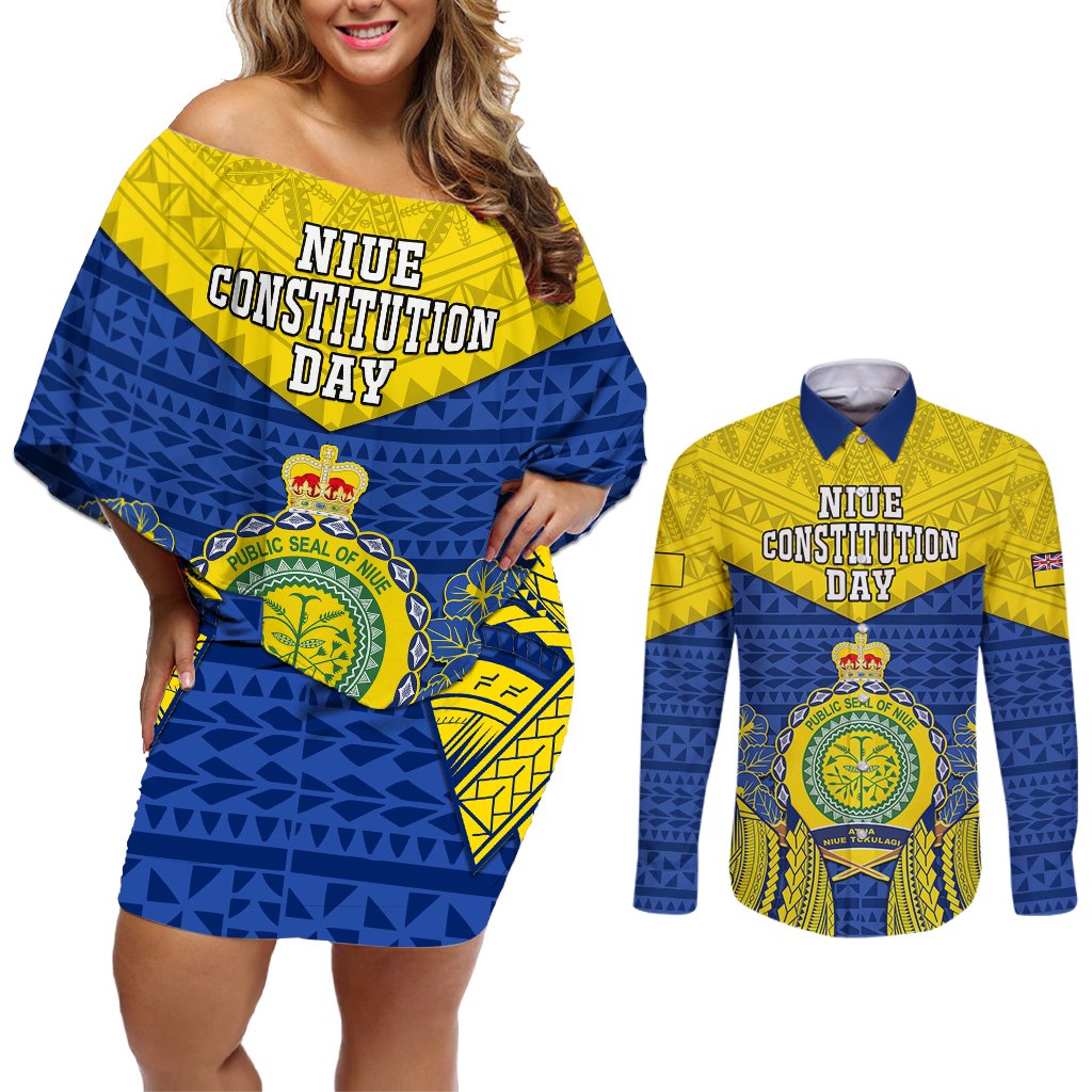 Niue Constitution Day Couples Matching Off Shoulder Short Dress and Long Sleeve Button Shirts Coat Of Arms Niuean Hiapo Pattern LT05 Yellow - Polynesian Pride