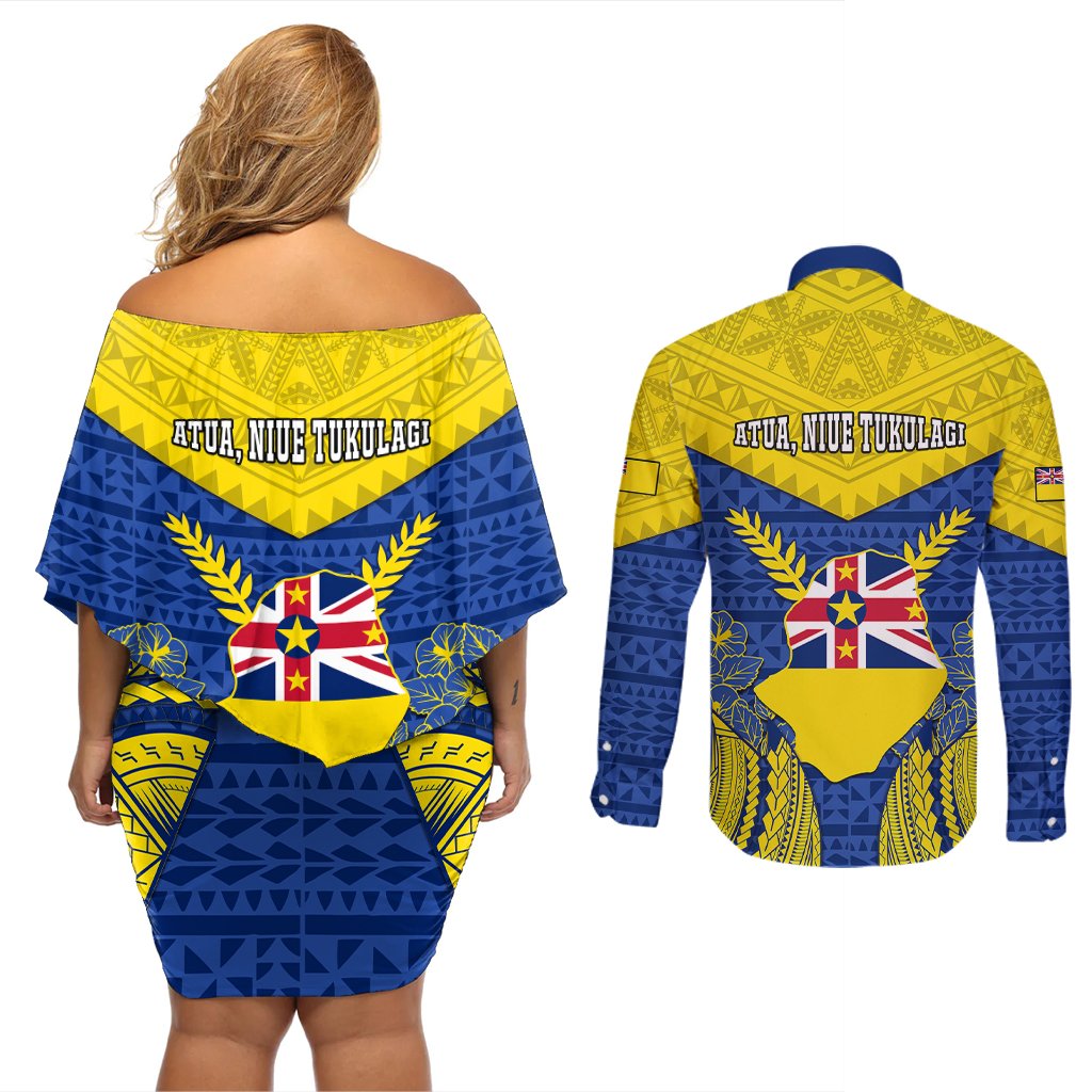 Niue Constitution Day Couples Matching Off Shoulder Short Dress and Long Sleeve Button Shirts Coat Of Arms Niuean Hiapo Pattern LT05 - Polynesian Pride