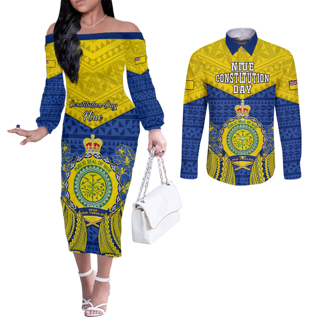 Niue Constitution Day Couples Matching Off The Shoulder Long Sleeve Dress and Long Sleeve Button Shirts Coat Of Arms Niuean Hiapo Pattern LT05 Yellow - Polynesian Pride