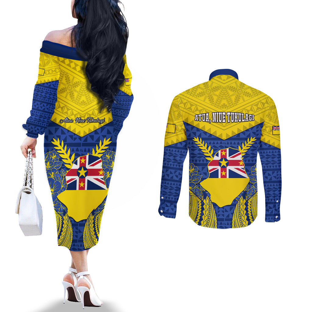 Niue Constitution Day Couples Matching Off The Shoulder Long Sleeve Dress and Long Sleeve Button Shirts Coat Of Arms Niuean Hiapo Pattern LT05 - Polynesian Pride