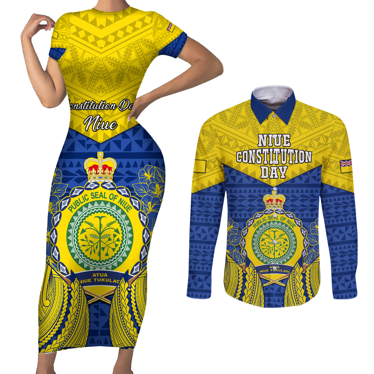 Niue Constitution Day Couples Matching Short Sleeve Bodycon Dress and Long Sleeve Button Shirts Coat Of Arms Niuean Hiapo Pattern LT05 Yellow - Polynesian Pride
