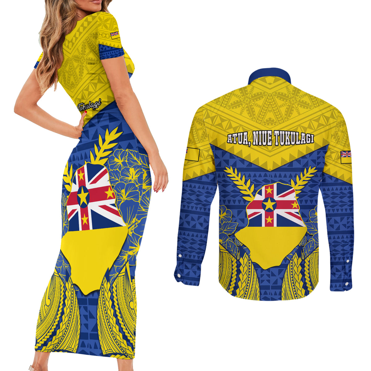 Niue Constitution Day Couples Matching Short Sleeve Bodycon Dress and Long Sleeve Button Shirts Coat Of Arms Niuean Hiapo Pattern LT05 - Polynesian Pride