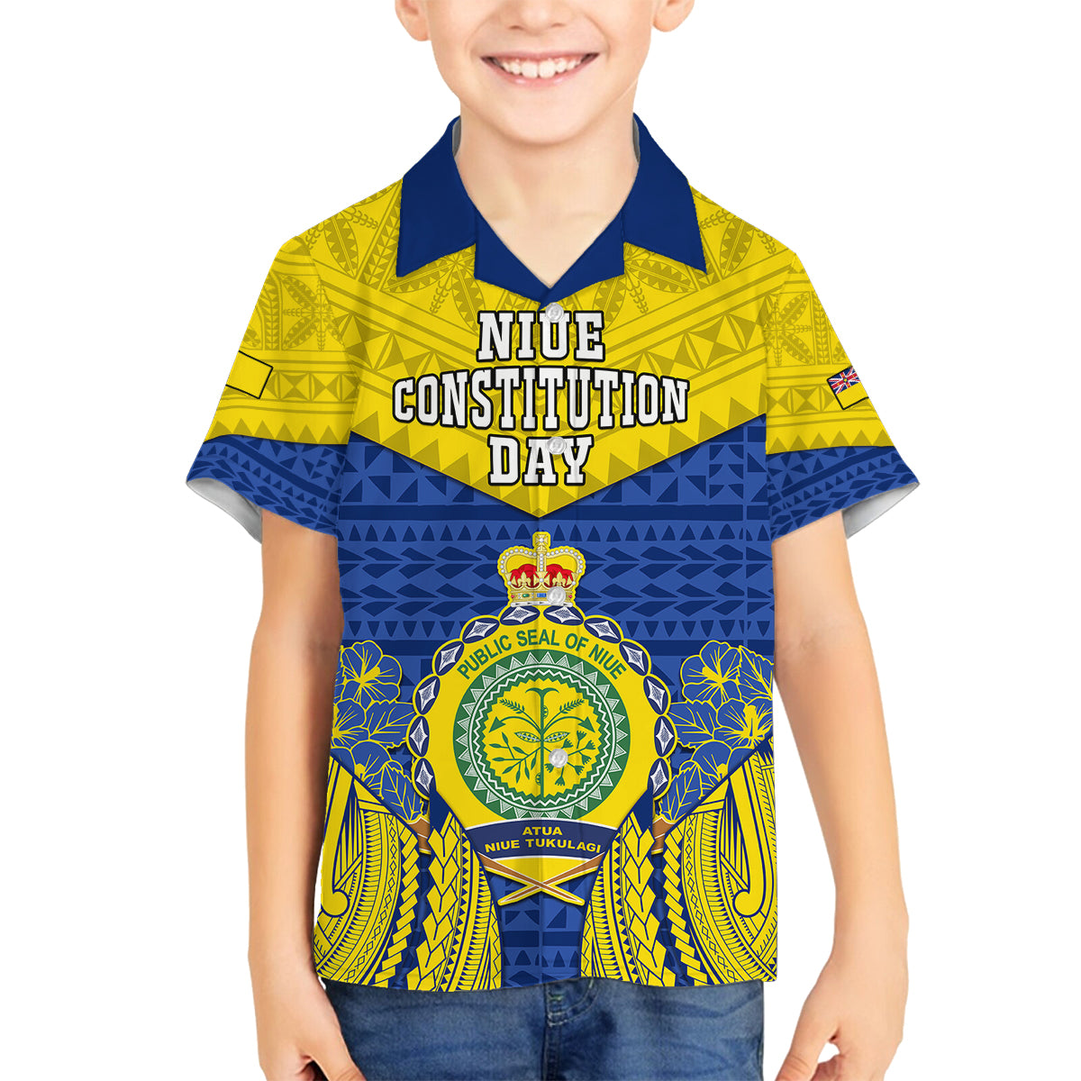 niue-constitution-day-family-matching-off-shoulder-short-dress-and-hawaiian-shirt-coat-of-arms-niuean-hiapo-pattern