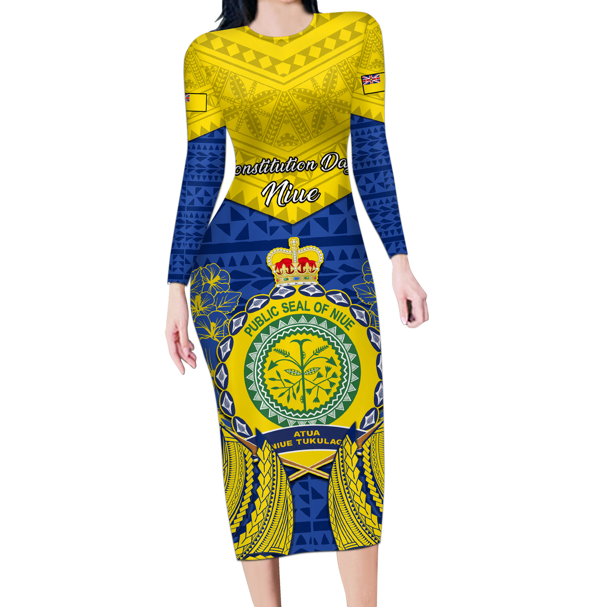 Niue Constitution Day Long Sleeve Bodycon Dress Coat Of Arms Niuean Hiapo Pattern LT05 Long Dress Yellow - Polynesian Pride