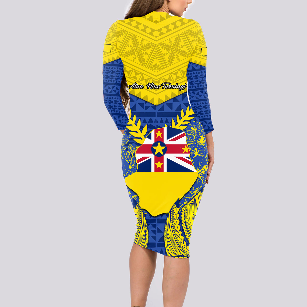 Niue Constitution Day Long Sleeve Bodycon Dress Coat Of Arms Niuean Hiapo Pattern LT05 - Polynesian Pride