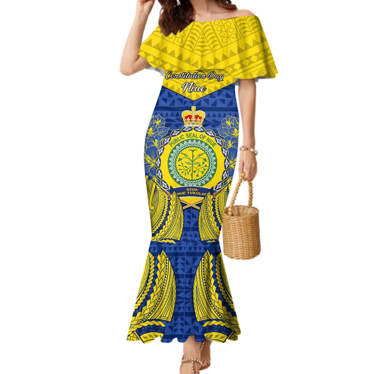 niue-constitution-day-mermaid-dress-coat-of-arms-niuean-hiapo-pattern