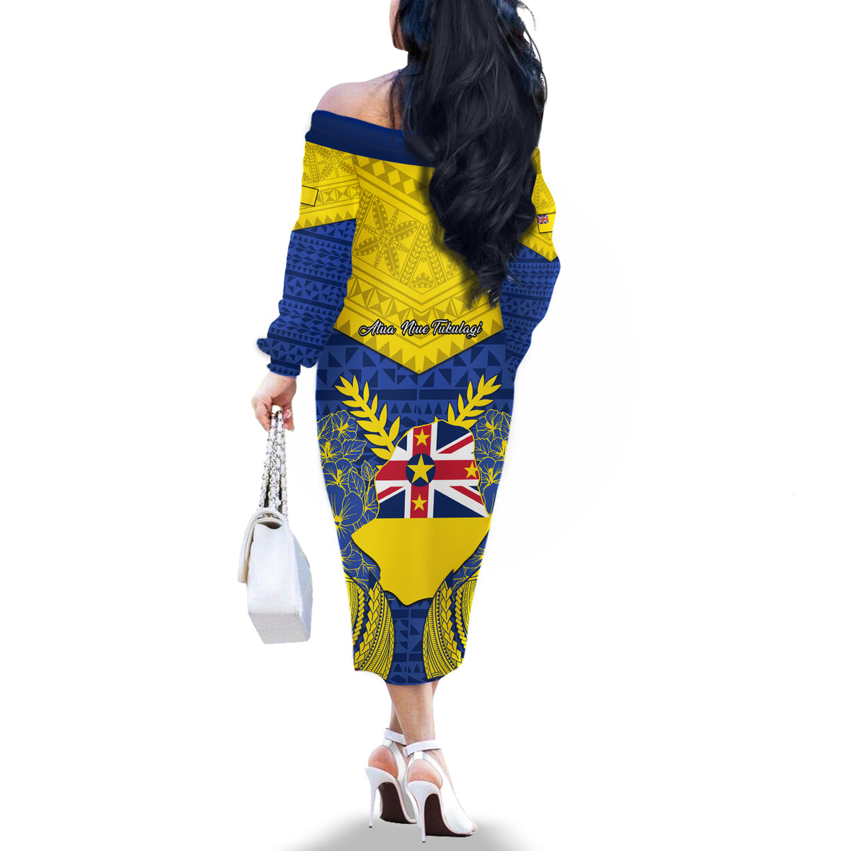 Niue Constitution Day Off The Shoulder Long Sleeve Dress Coat Of Arms Niuean Hiapo Pattern LT05 - Polynesian Pride