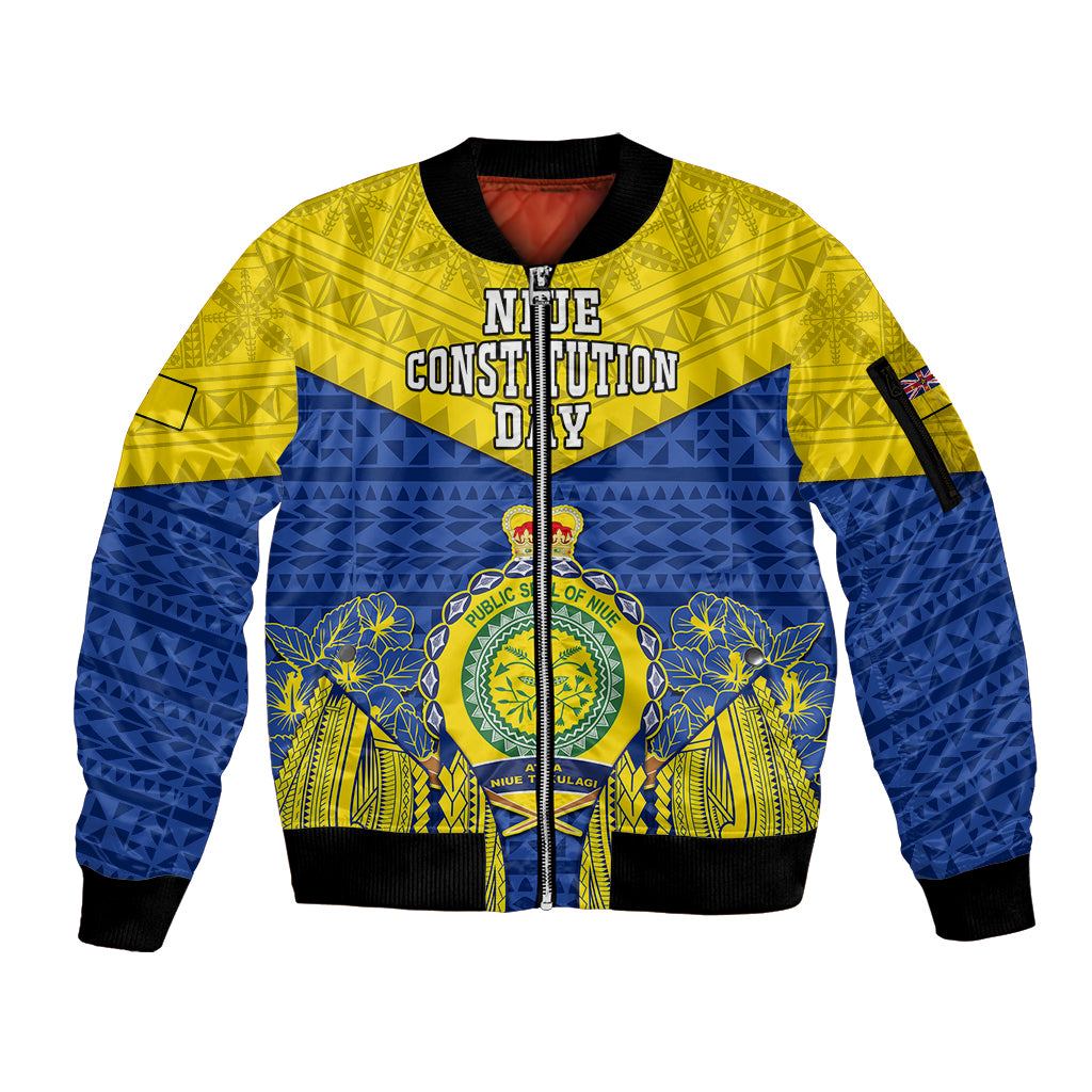 niue-constitution-day-sleeve-zip-bomber-jacket-coat-of-arms-niuean-hiapo-pattern