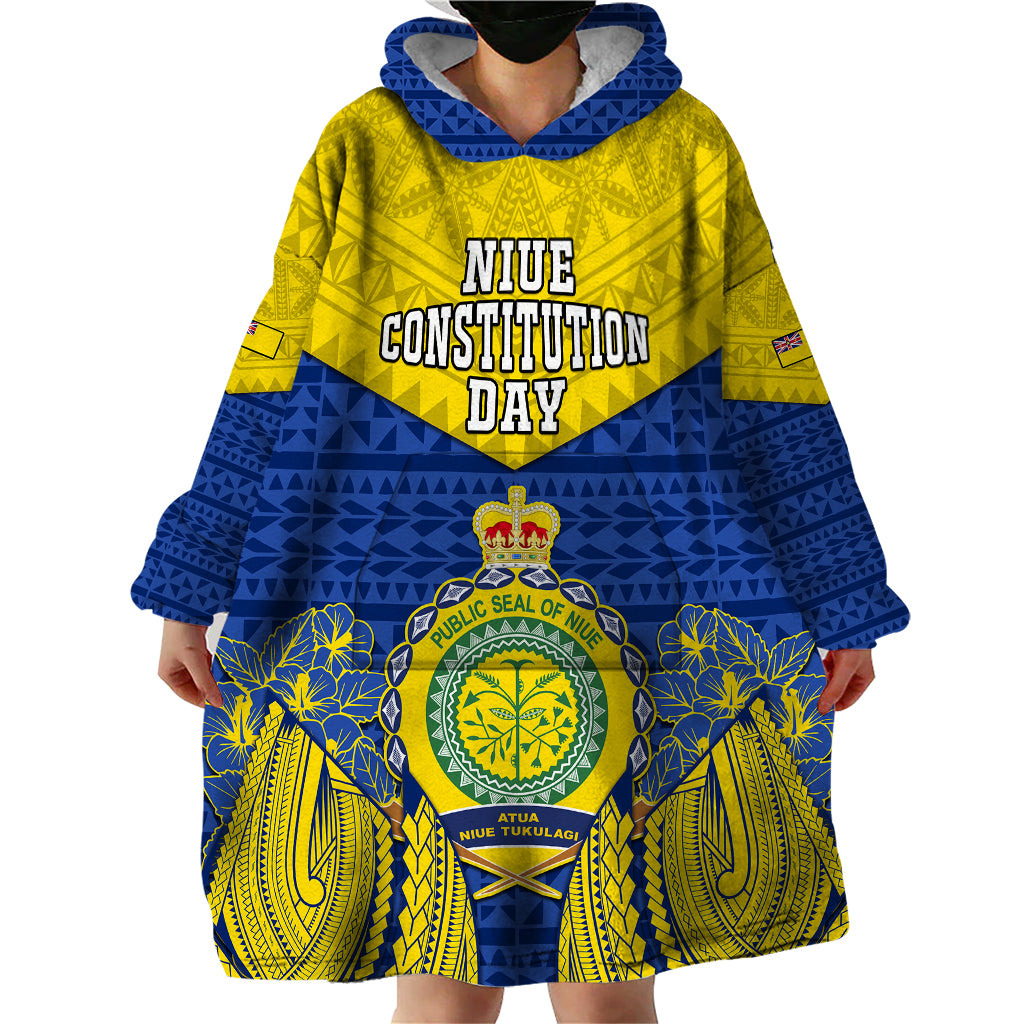 Niue Constitution Day Wearable Blanket Hoodie Coat Of Arms Niuean Hiapo Pattern LT05 - Polynesian Pride