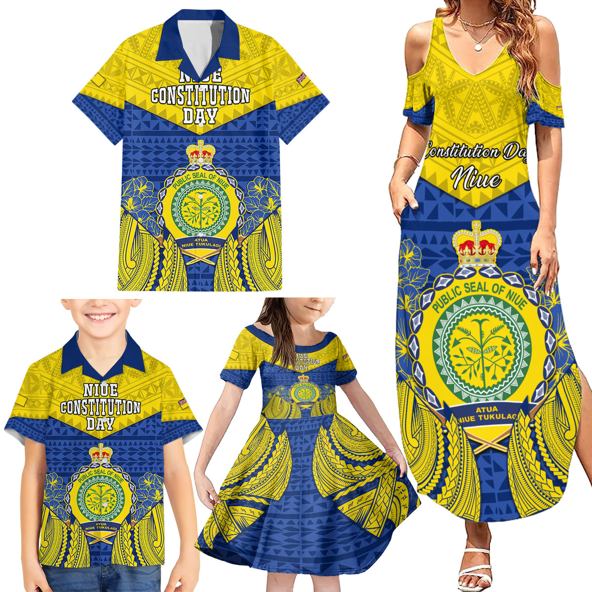 Personalized Niue Constitution Day Family Matching Summer Maxi Dress and Hawaiian Shirt Coat Of Arms Niuean Hiapo Pattern LT05 - Polynesian Pride