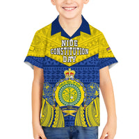 Personalized Niue Constitution Day Family Matching Tank Maxi Dress and Hawaiian Shirt Coat Of Arms Niuean Hiapo Pattern LT05 Son's Shirt Yellow - Polynesian Pride