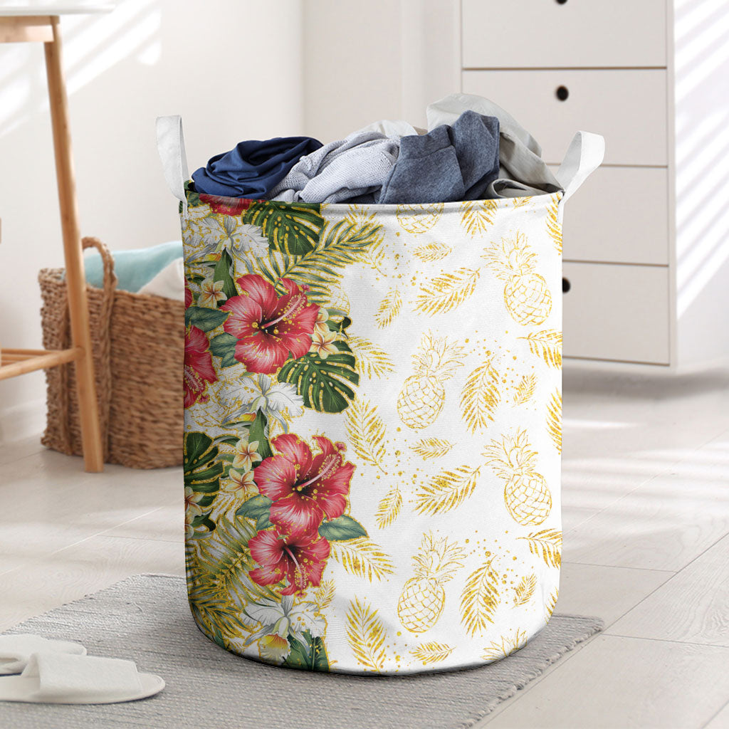Hawaii Discoverers Day Laundry Basket Tropical Hibiscus Glitter White LT05 White - Polynesian Pride