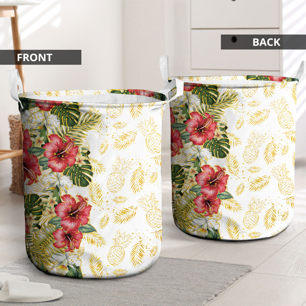 Hawaii Discoverers Day Laundry Basket Tropical Hibiscus Glitter White LT05 - Polynesian Pride
