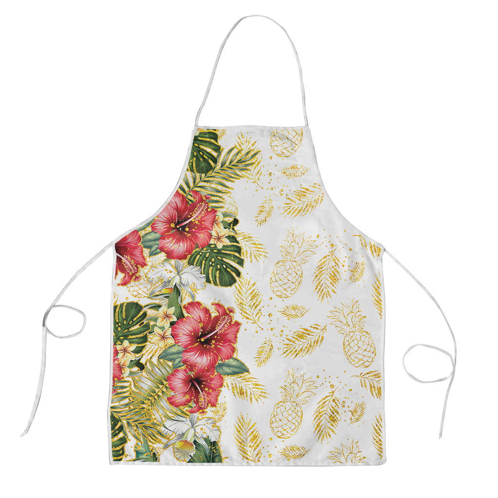 Hawaii Discoverers Day Apron Tropical Hibiscus Glitter White