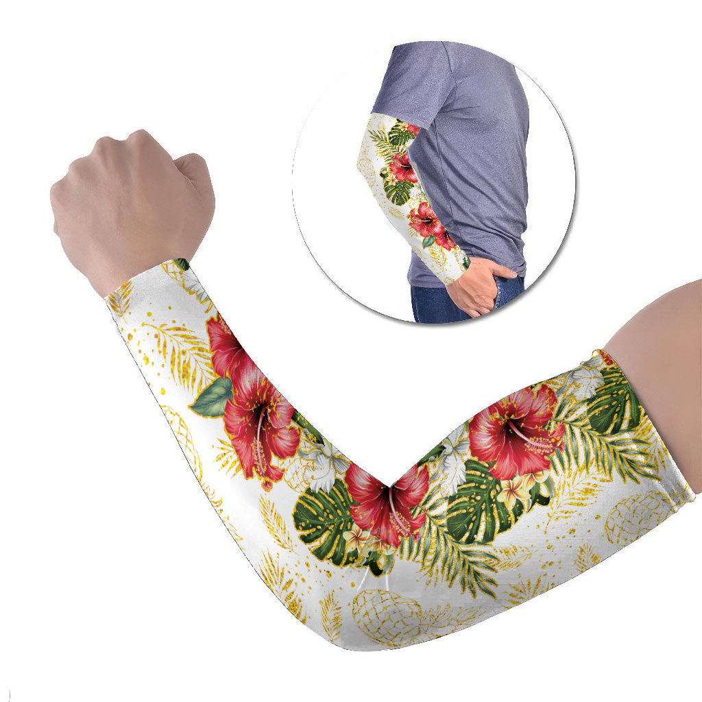 Hawaii Discoverers Day Arm Sleeves Tropical Hibiscus Glitter White LT05 Set of 2 White - Polynesian Pride
