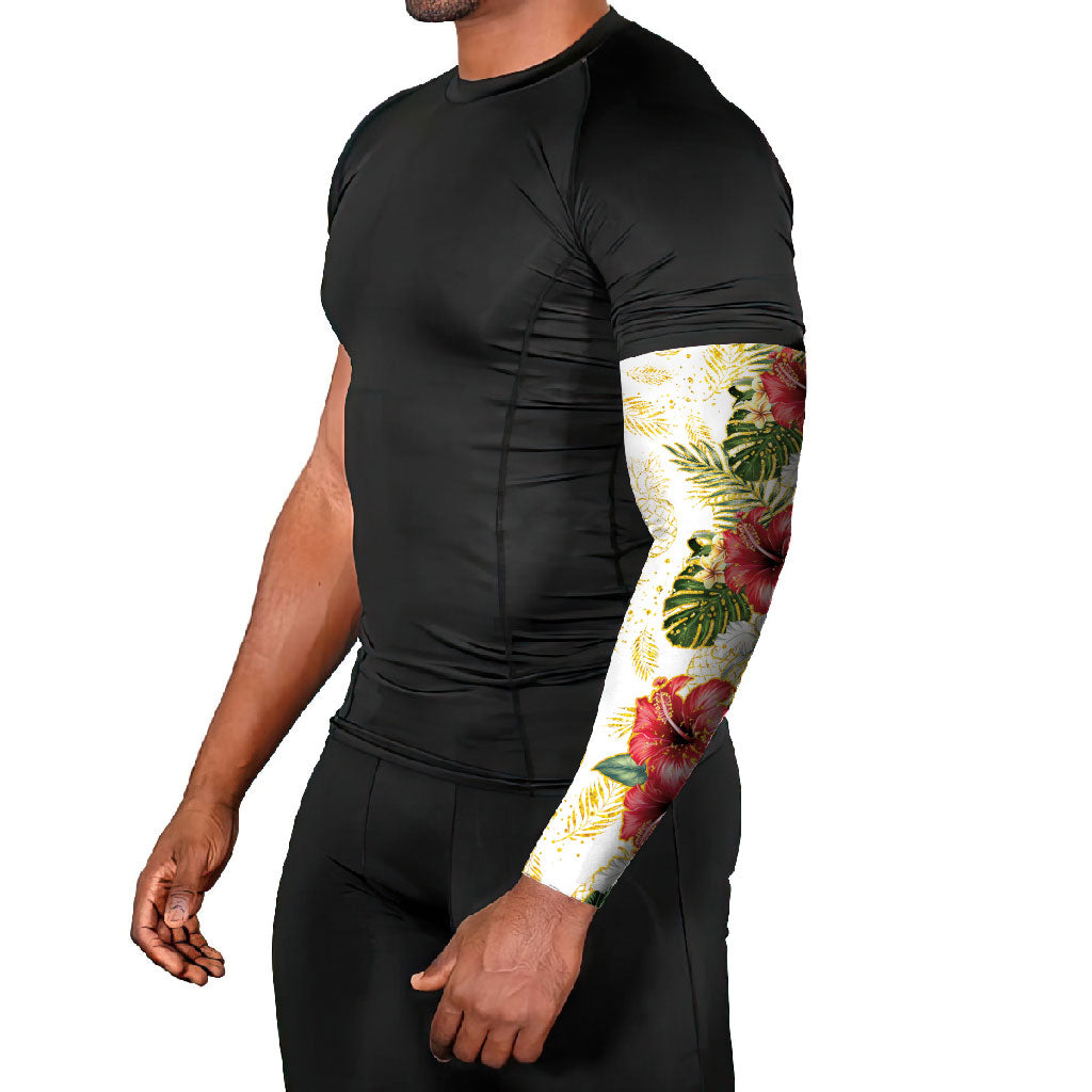 Hawaii Discoverers Day Arm Sleeves Tropical Hibiscus Glitter White LT05 - Polynesian Pride