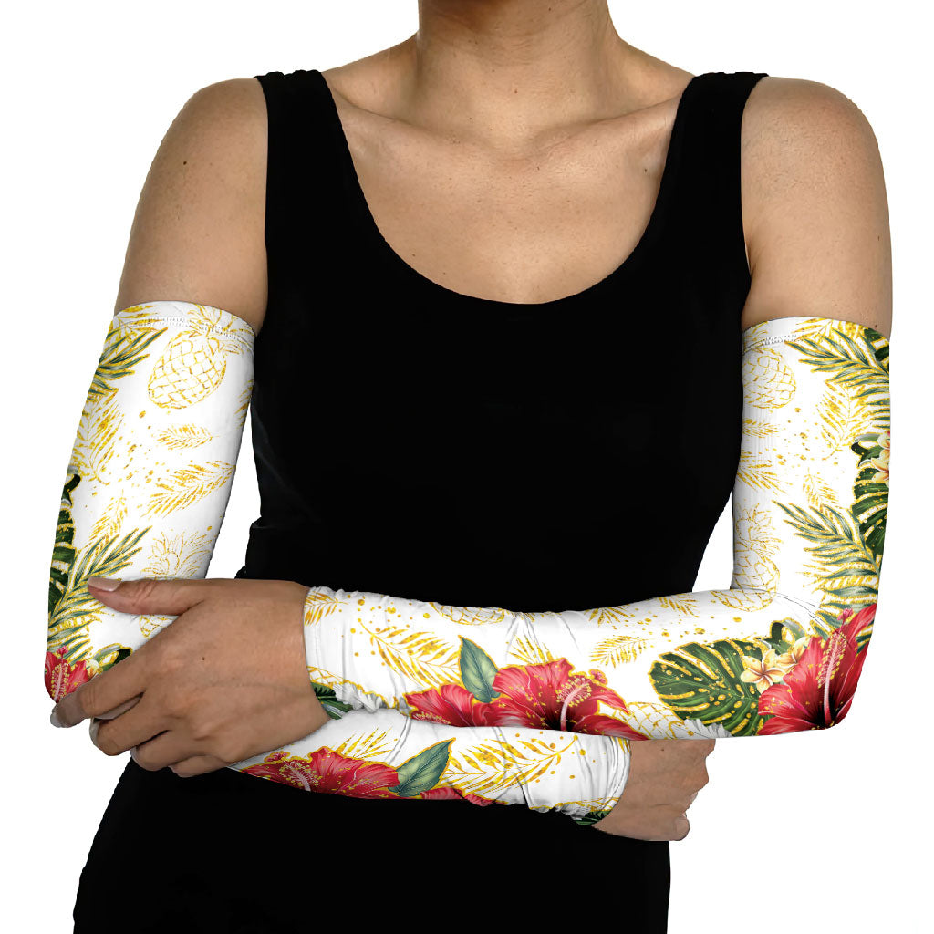Hawaii Discoverers Day Arm Sleeves Tropical Hibiscus Glitter White LT05 - Polynesian Pride