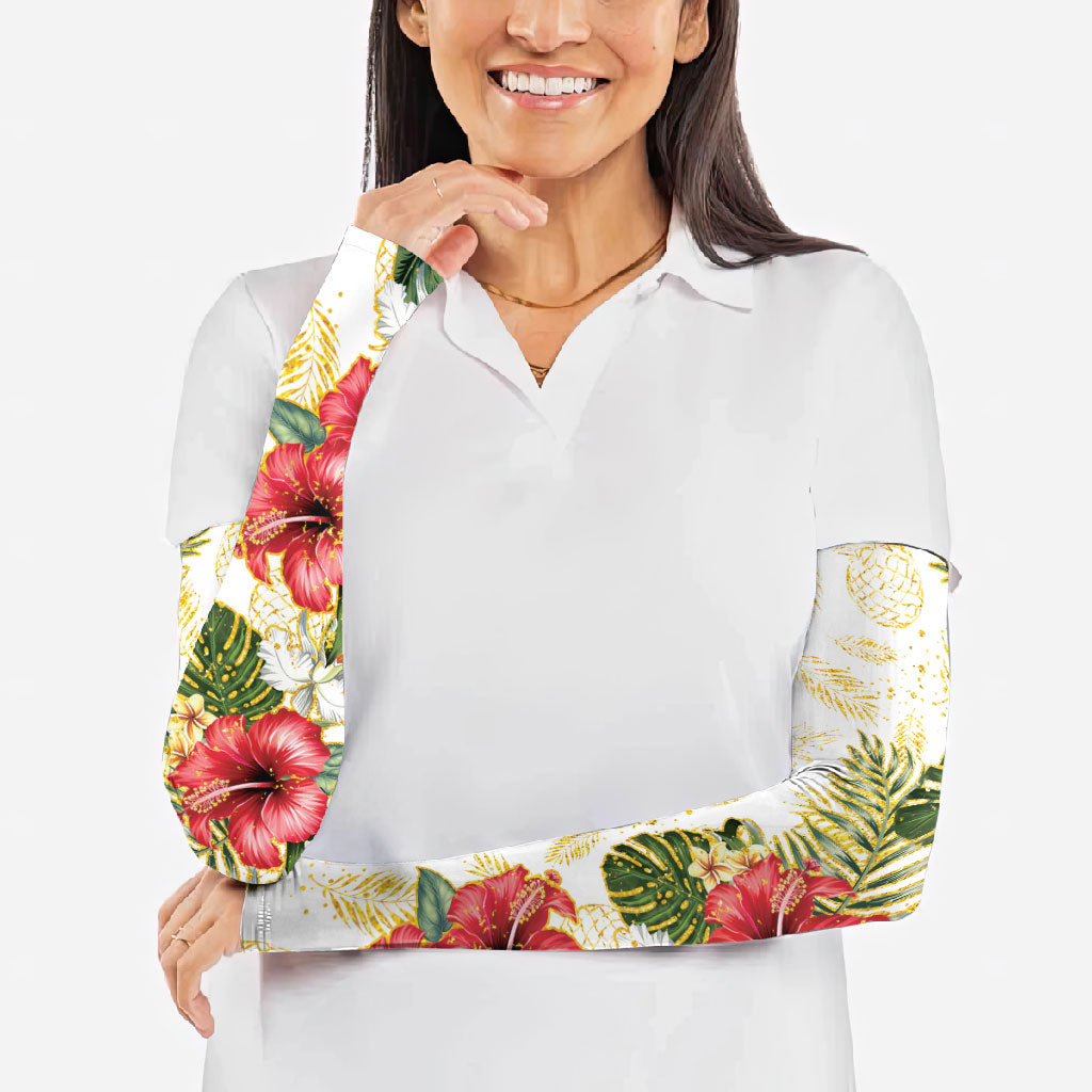 Hawaii Discoverers Day Arm Sleeves Tropical Hibiscus Glitter White LT05 - Polynesian Pride