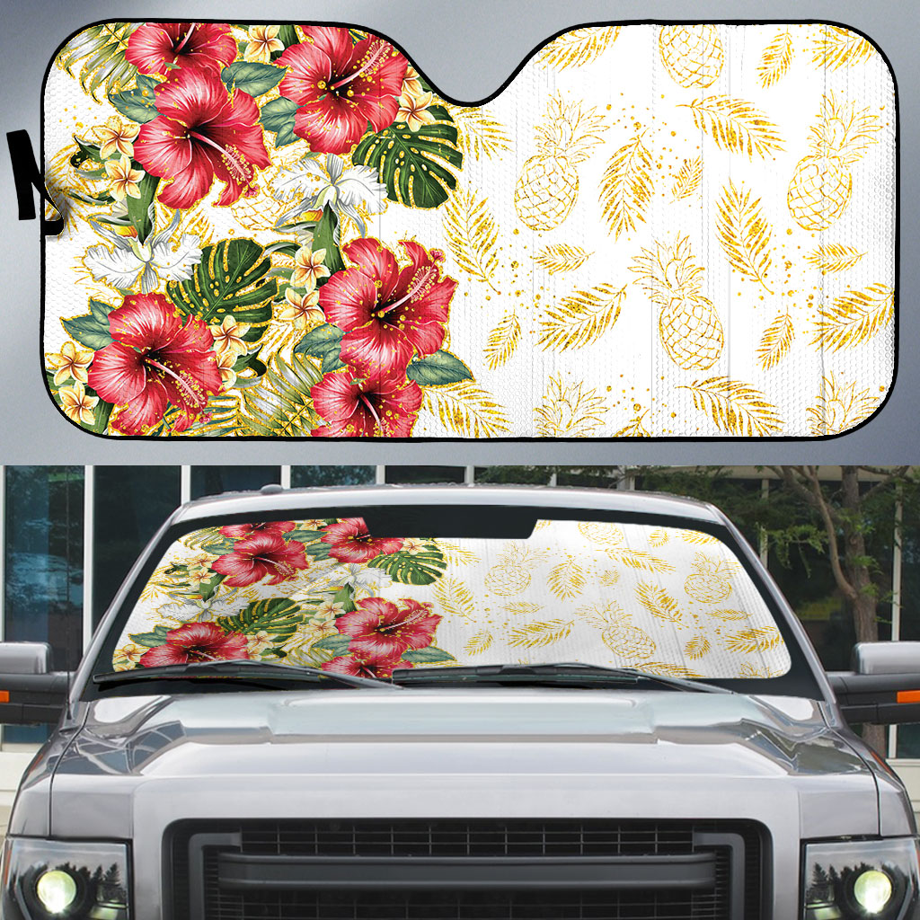 Hawaii Discoverers Day Auto Sun Shade Tropical Hibiscus Glitter White LT05 White - Polynesian Pride