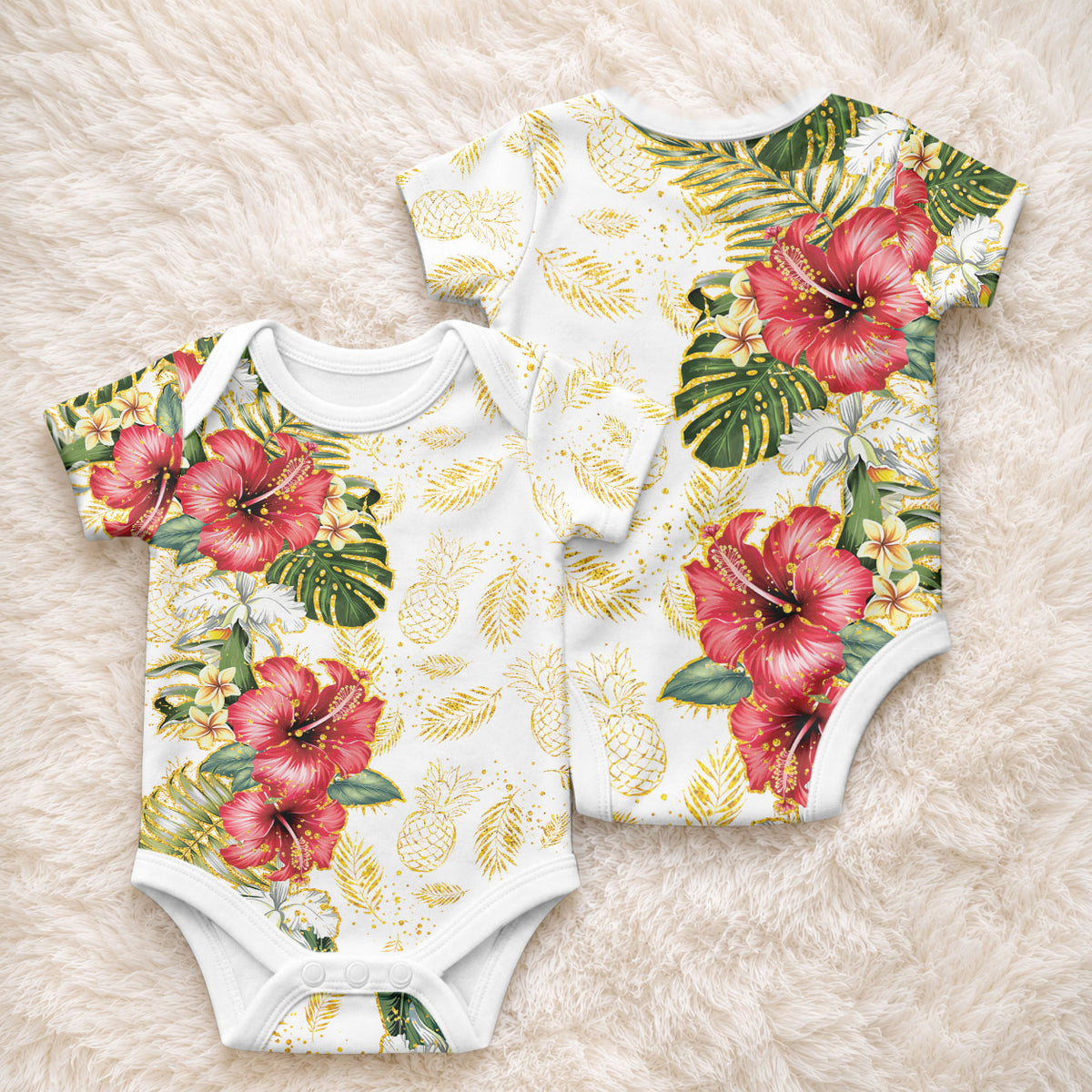Hawaii Discoverers Day Baby Onesie Tropical Hibiscus Glitter White LT05 - Polynesian Pride