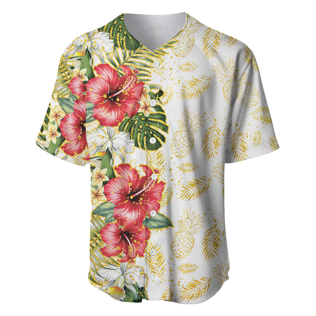 Hawaii Discoverers Day Baseball Jersey Tropical Hibiscus Glitter White LT05 White - Polynesian Pride