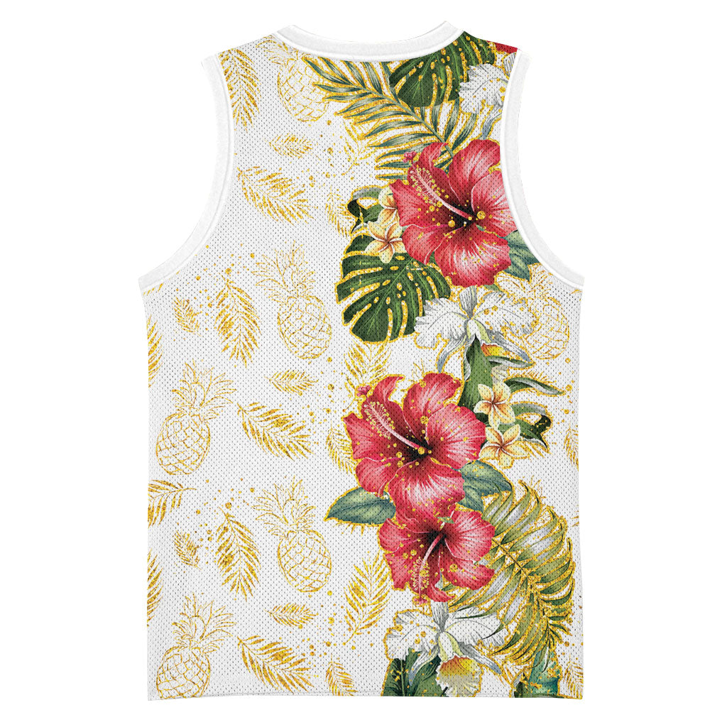 Hawaii Discoverers Day Basketball Jersey Tropical Hibiscus Glitter White LT05 - Polynesian Pride