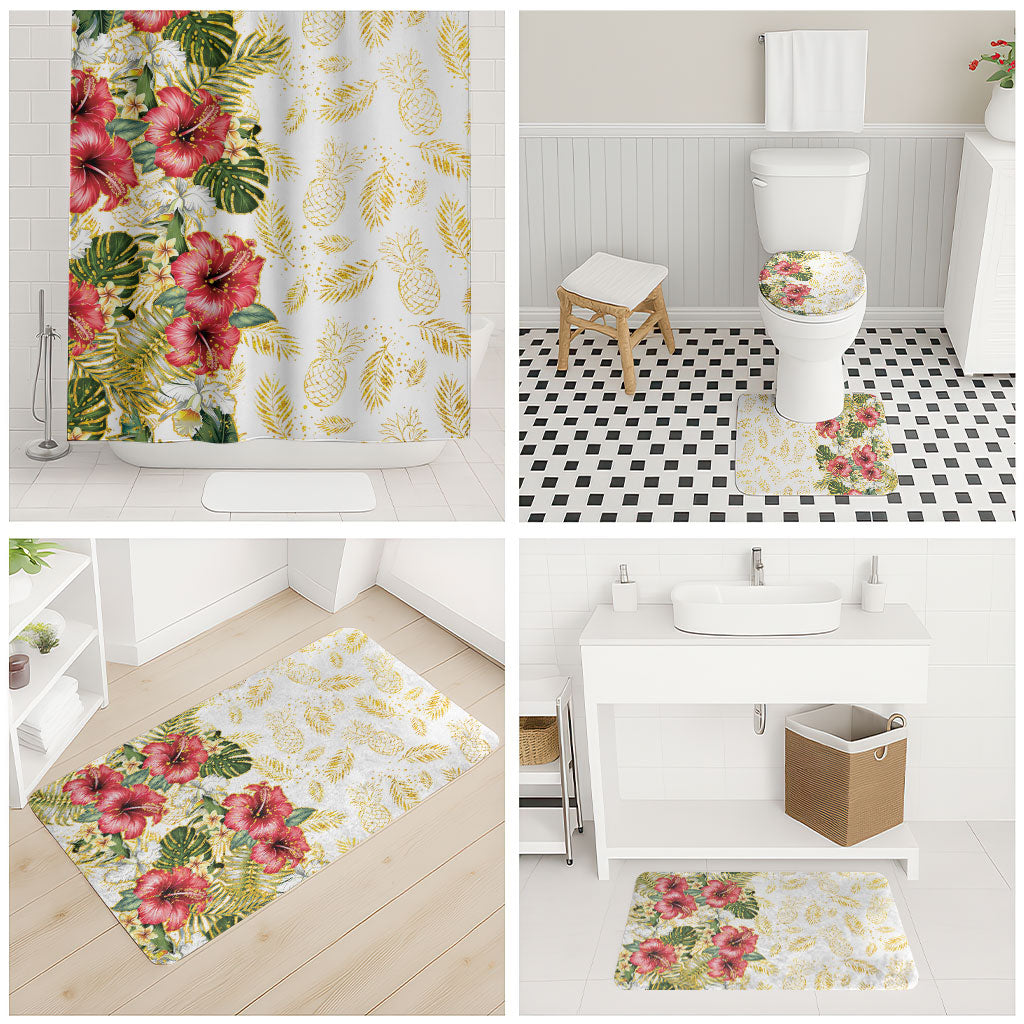 Hawaii Discoverers Day Bathroom Set Tropical Hibiscus Glitter White LT05 - Polynesian Pride