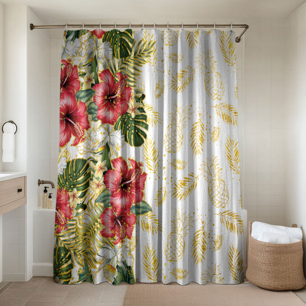 Hawaii Discoverers Day Bathroom Set Tropical Hibiscus Glitter White LT05 Shower Curtain Only White - Polynesian Pride