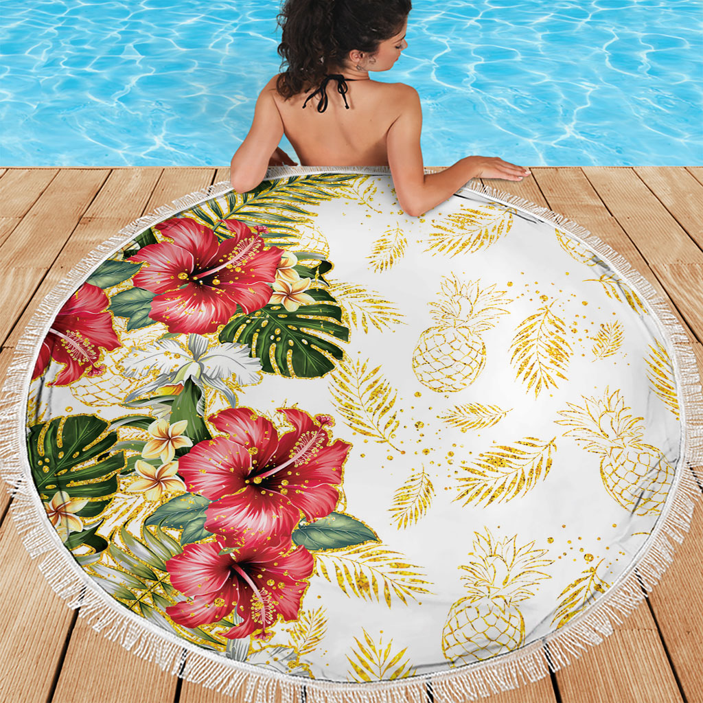 Hawaii Discoverers Day Beach Blanket Tropical Hibiscus Glitter White LT05 - Polynesian Pride