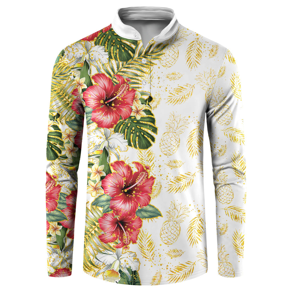 Hawaii Discoverers Day Button Sweatshirt Tropical Hibiscus Glitter White LT05 White - Polynesian Pride
