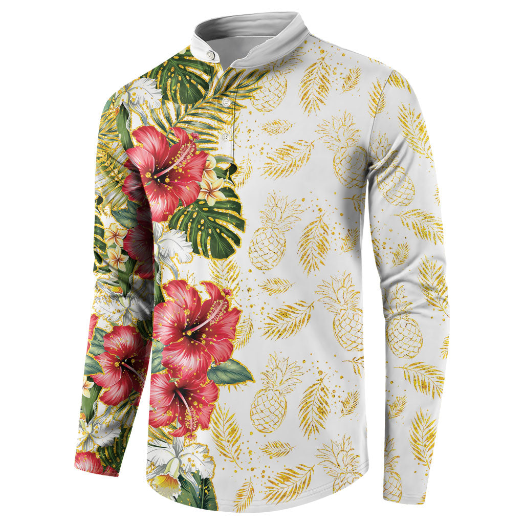Hawaii Discoverers Day Button Sweatshirt Tropical Hibiscus Glitter White LT05 - Polynesian Pride
