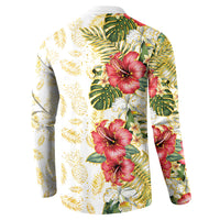 Hawaii Discoverers Day Button Sweatshirt Tropical Hibiscus Glitter White LT05 - Polynesian Pride
