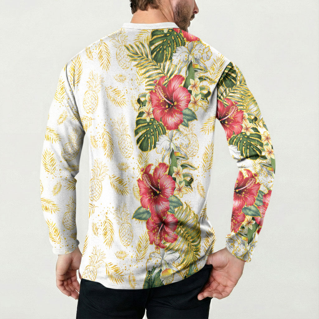 Hawaii Discoverers Day Button Sweatshirt Tropical Hibiscus Glitter White LT05 - Polynesian Pride