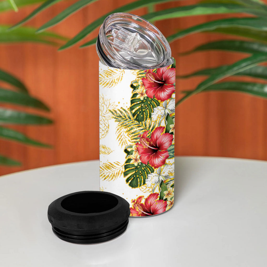 Hawaii Discoverers Day 4 in 1 Can Cooler Tumbler Tropical Hibiscus Glitter White LT05 - Polynesian Pride