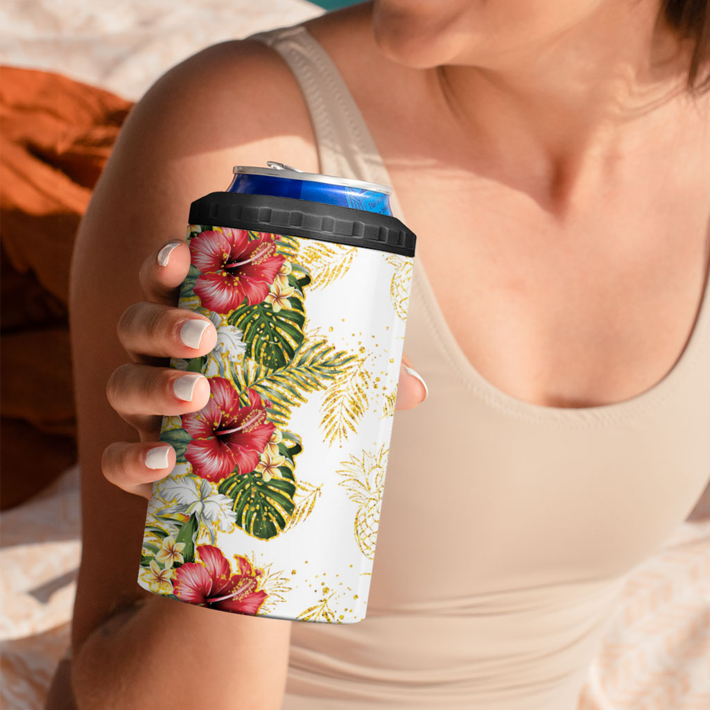 Hawaii Discoverers Day 4 in 1 Can Cooler Tumbler Tropical Hibiscus Glitter White LT05 - Polynesian Pride