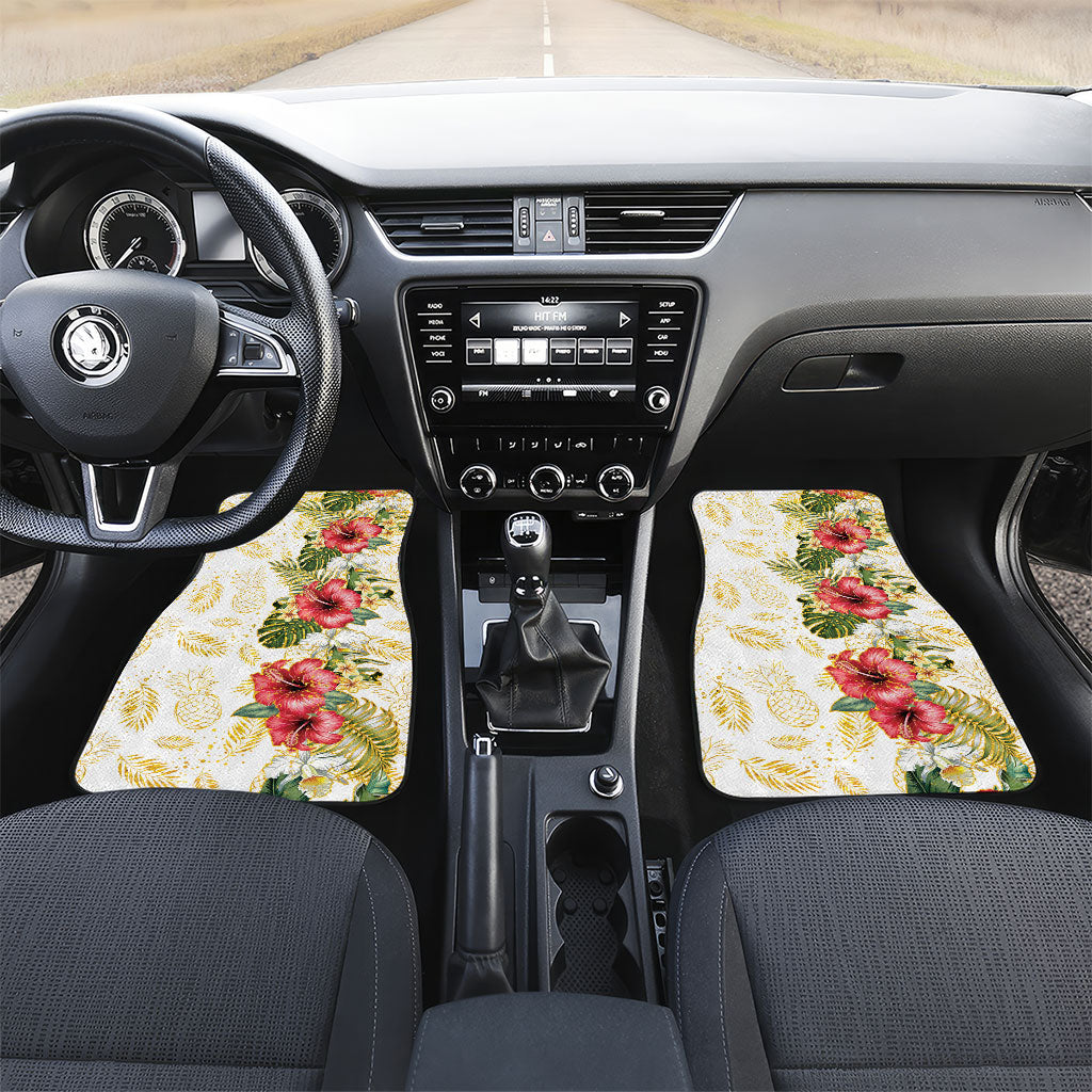 Hawaii Discoverers Day Car Mats Tropical Hibiscus Glitter White LT05 Set 2pcs - Front White - Polynesian Pride