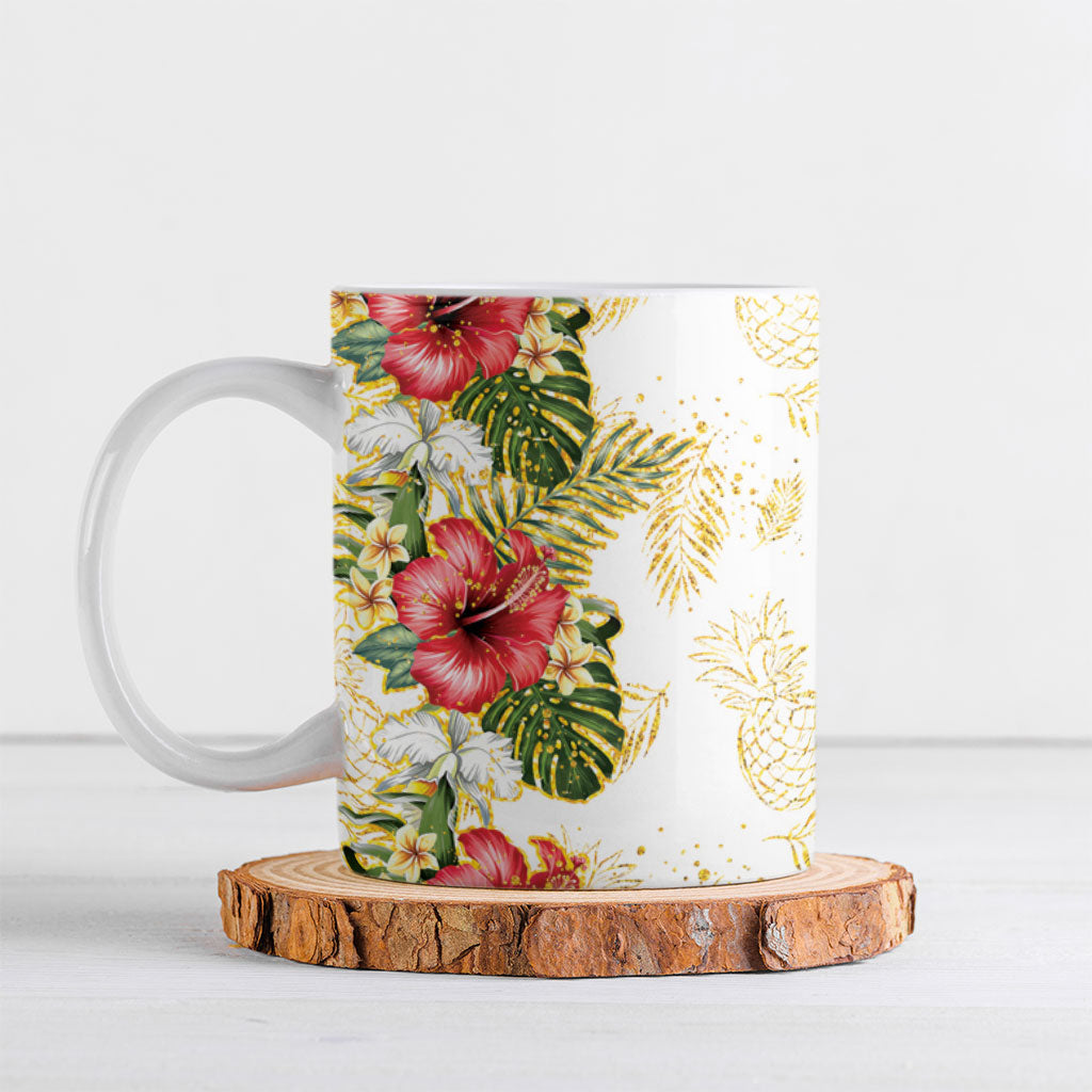 Hawaii Discoverers Day Ceramic Mug Tropical Hibiscus Glitter White