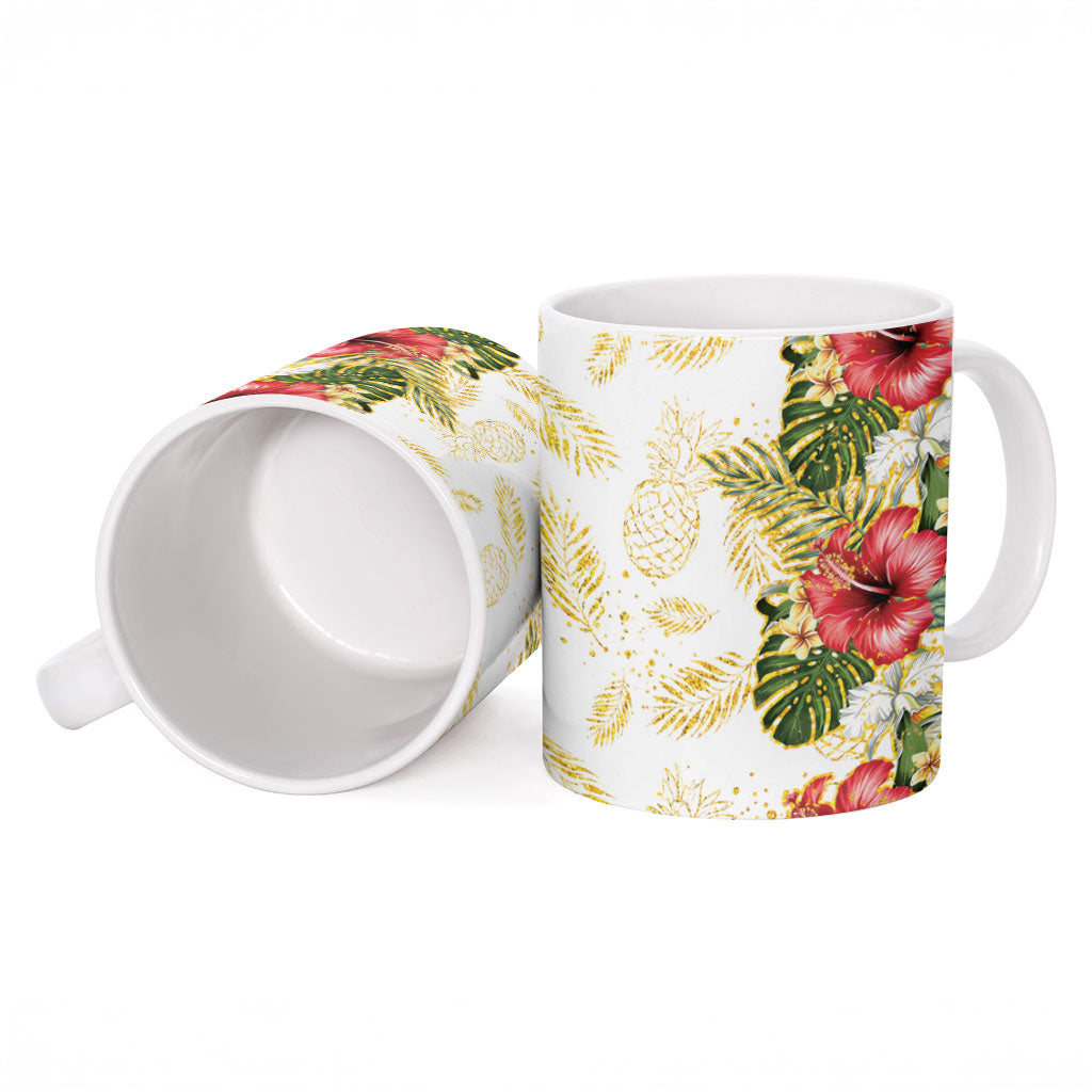 Hawaii Discoverers Day Ceramic Mug Tropical Hibiscus Glitter White