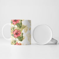 Hawaii Discoverers Day Ceramic Mug Tropical Hibiscus Glitter White