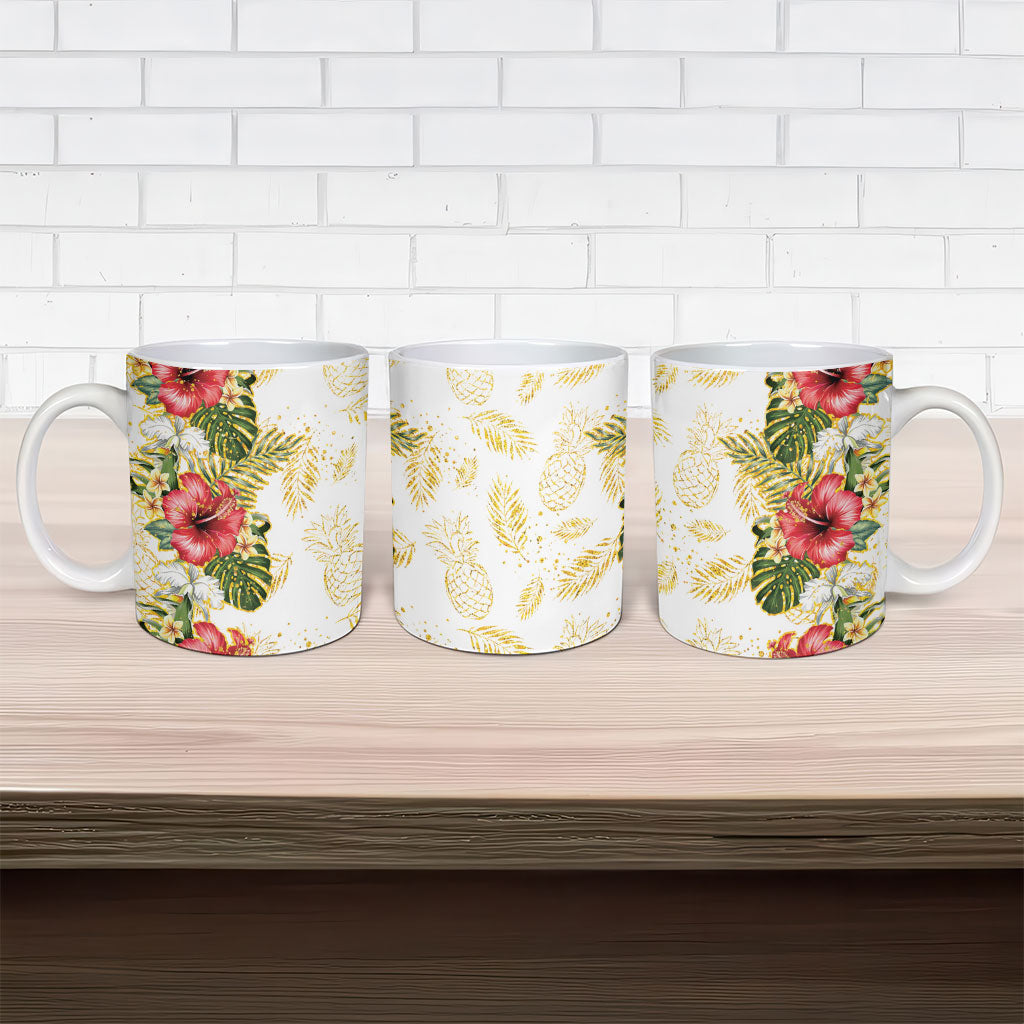 Hawaii Discoverers Day Ceramic Mug Tropical Hibiscus Glitter White